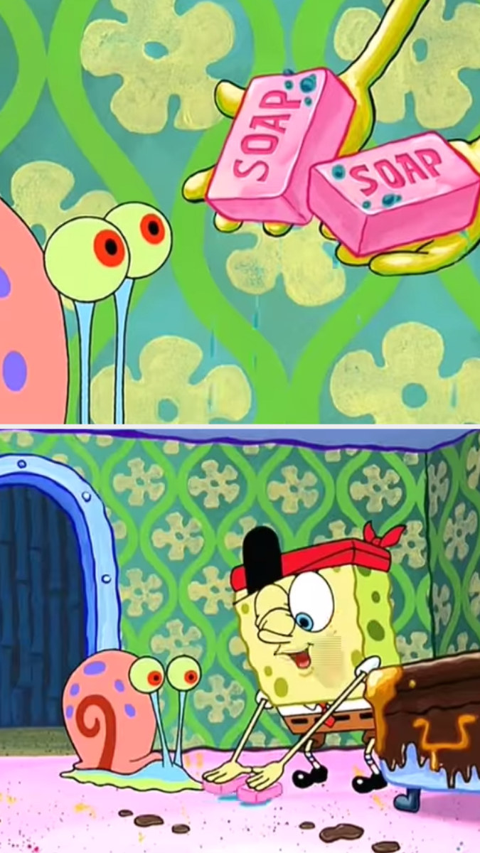 SpongeBob holding out two bars of soap to Gay while winking as Gary looks on, wide-eyed