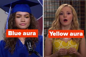 Zendaya is on the left labeled, "Blue aura" with Dove Cameron on the right labeled, "Yellow aura"