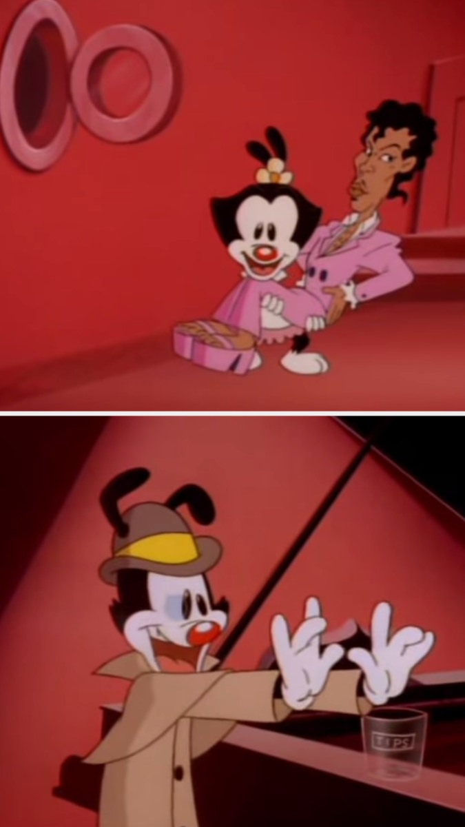 First image: Dot holding Prince in her arms. Second image: Yakko wriggling his fingers, wearing a detective outfit