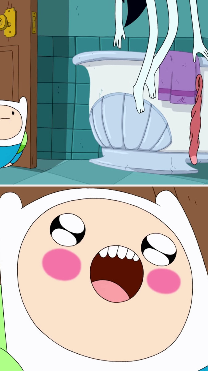 First image: Finn crawling on the floor, looking at Marceline, who is hovering, as she drops a sock near her bathtub. Second image: A close-up of FInn&#x27;s face as he&#x27;s open-mouthed, with wide eyes and blushing cheeks