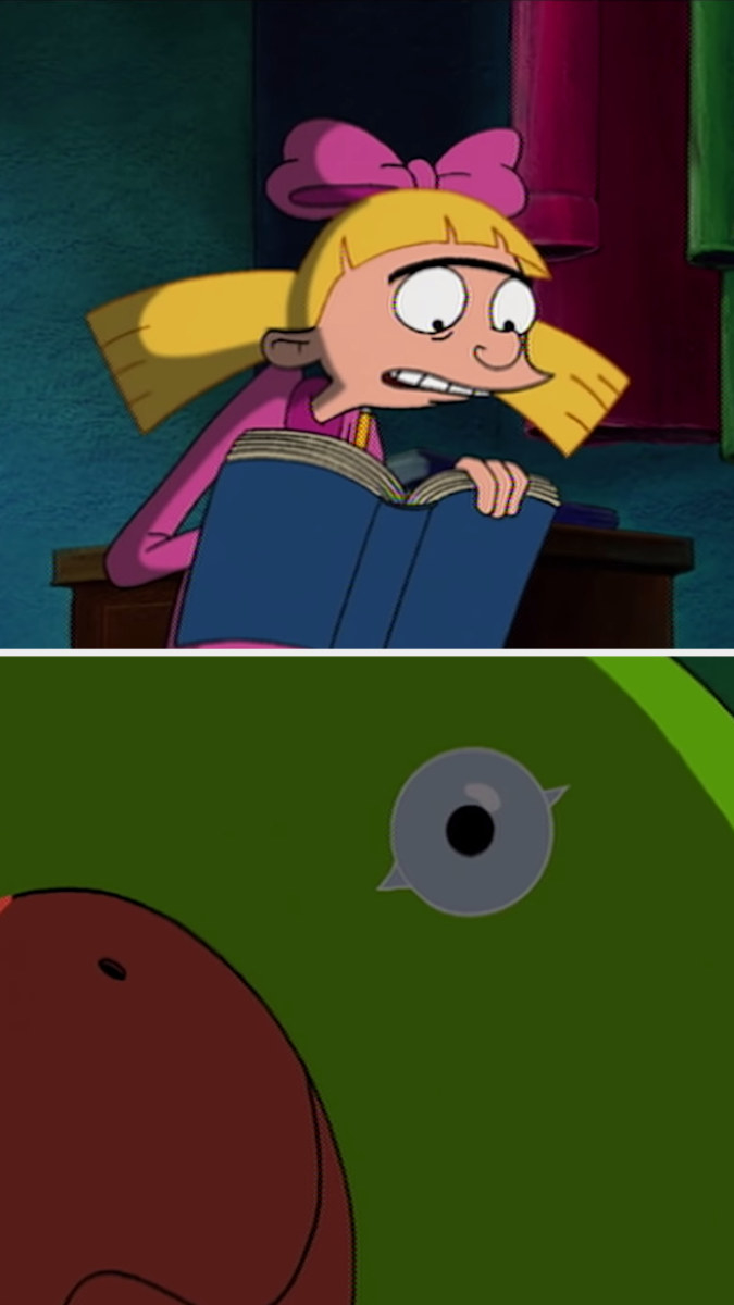 First image: Helga kneeling in her closet and she writes in her journal. Second image: A close-up of her parrot&#x27;s wide eyes