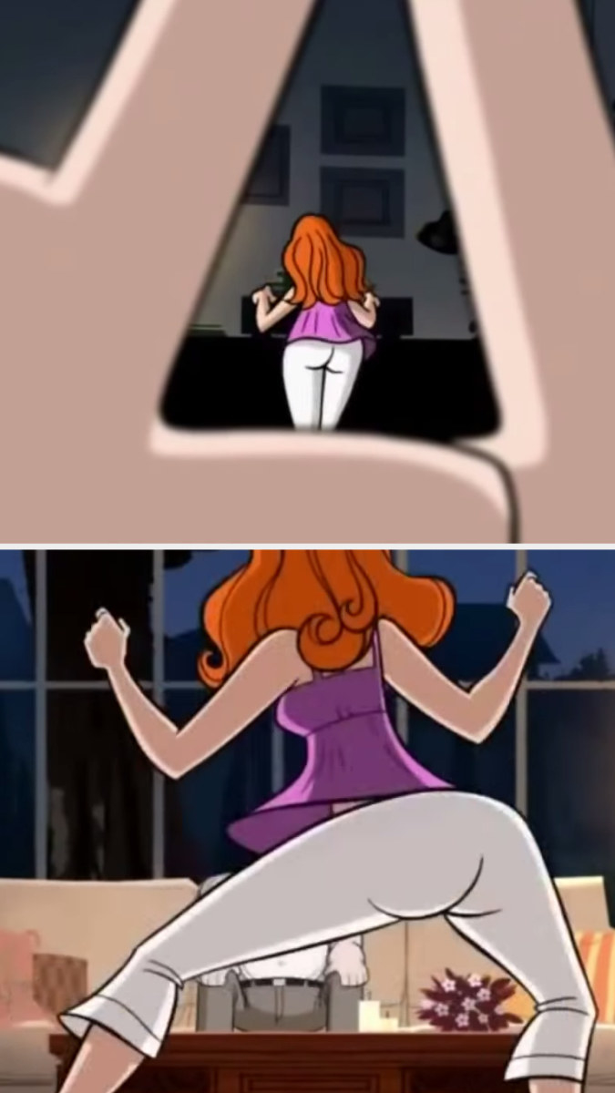 First image: Newton holding his fingers in the shape of a triangle, framing Kimmy&#x27;s butt. Second image: Kimmy twerking for Newton while he sits on the couch