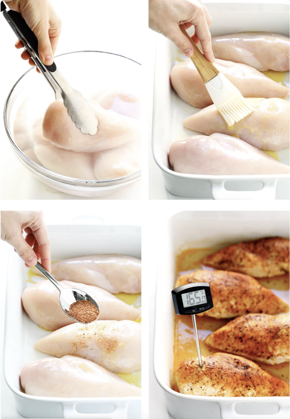 Chicken breasts being dipped into water, brushed with butter, seasoned, then baked