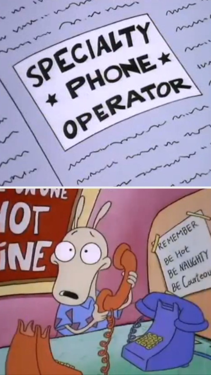 First image: A close-up of a &quot;Specialty phone operator&quot; paper ad. Second image: Rocko holding one landline, while another is hung up, with signs in the background that say, &quot;One-on-one hotline,&quot; and &quot;Remember, be hot, be naught, be courteous.&quot;
