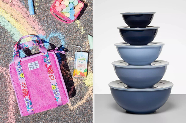On the left, a pink lunchbox. On the right, blue bowls with lids