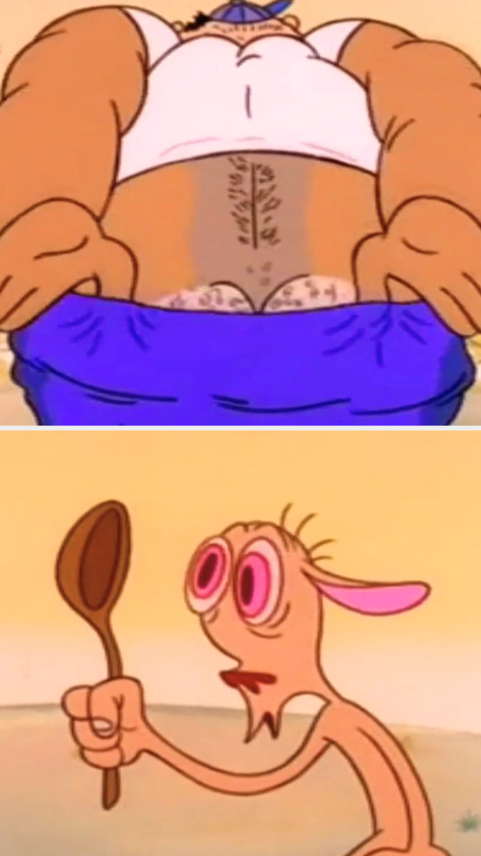 First image: Kowalski bent over, pulling down his pants for the camera. Second image: Ren&#x27;s mortified face, with his jaw having gone slack and wide-eyed, holding up a ladel