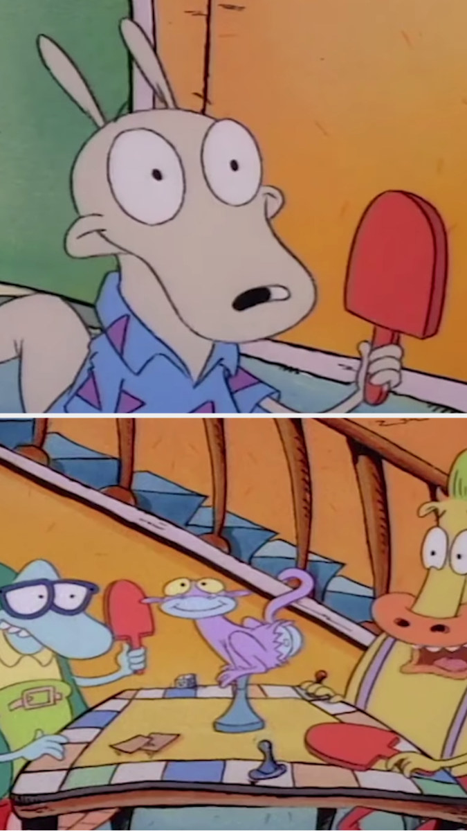 First image: Ren holding a paddle. Second image: Heffer and Filbert sitting at a table with a board game that has a spinning monkey with a hairless butt on top