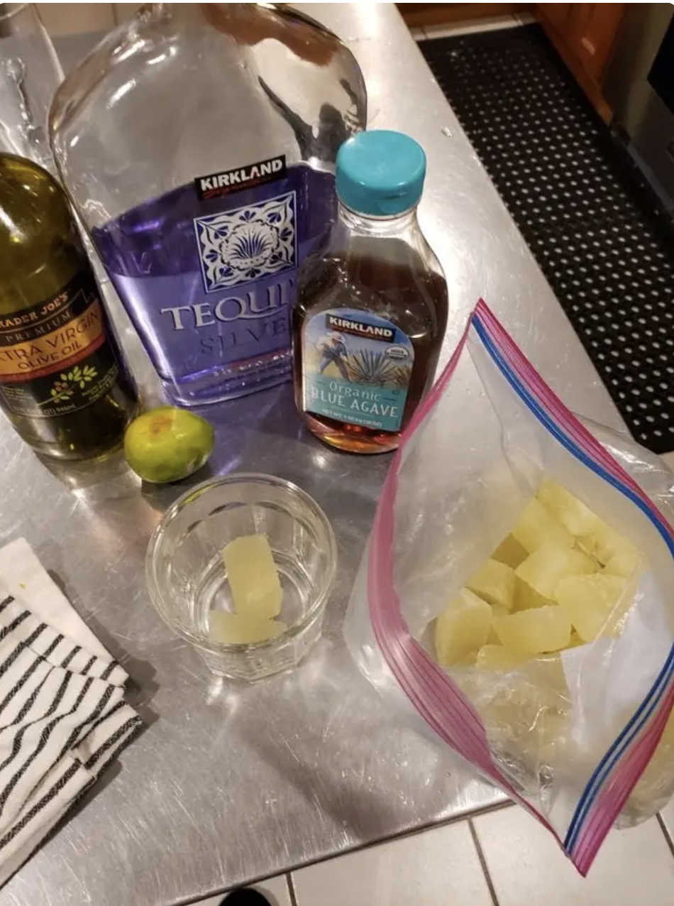 A Ziploc bag filled with ice cubes made of lime juice