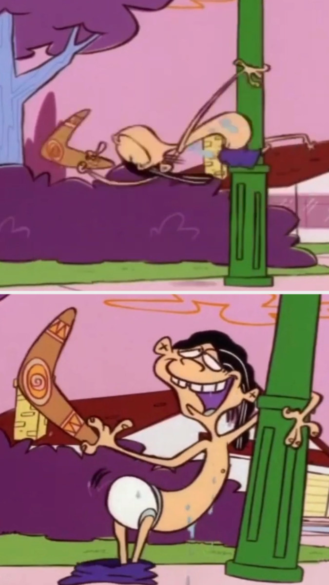 First image: Double D swings around the lamp pole. Second image: Double D bends over and hugs the lamp pole as his pants fall down