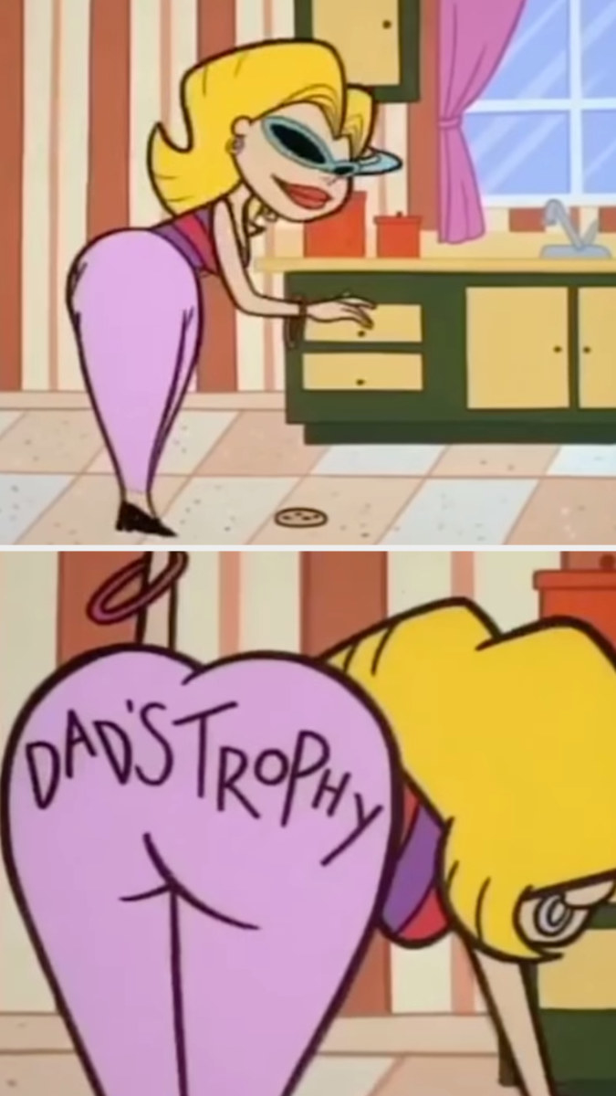 The Neighbor Lady wears tight pink pants and bends over, revealing it says &quot;Dad&#x27;s trophy&quot; on the butt