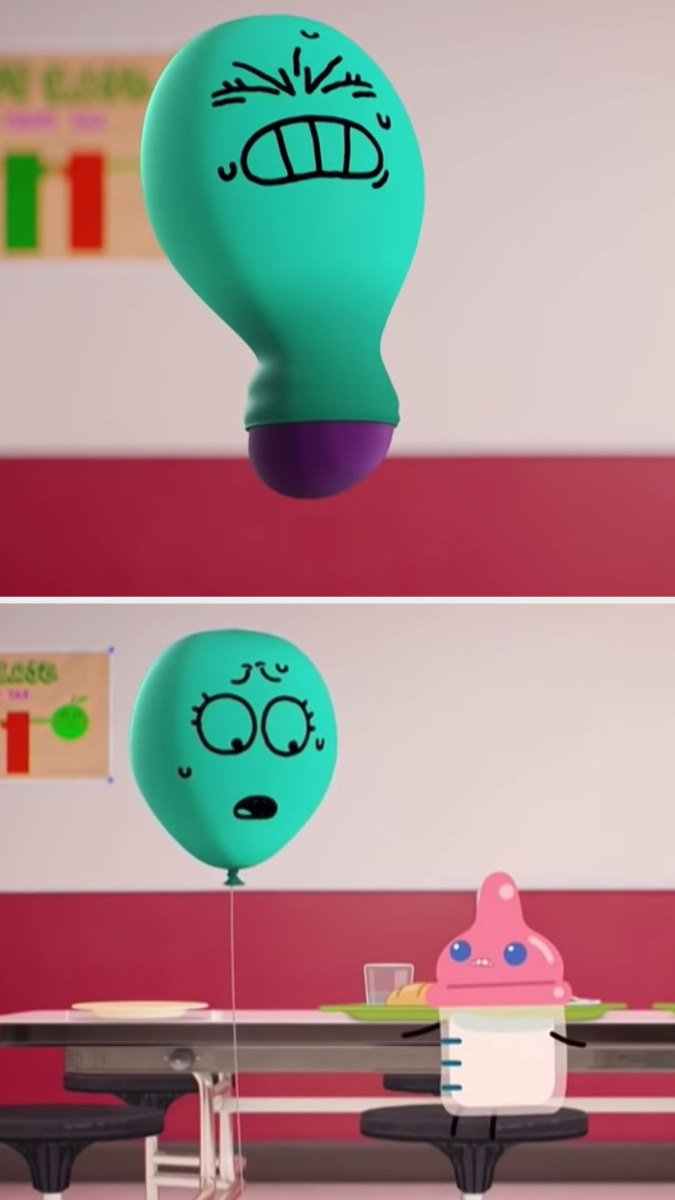 First image: Alan (a balloon with a face drawn on) scrunching up his face as he pulls an eggplant into his balloon hole. Second image: Alan looking shocked when another student asks about it
