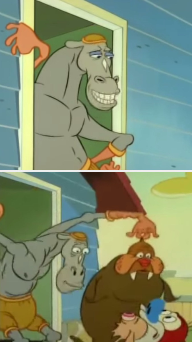 First image: A horse wearing rubber gloves and a rubber hat stands upright against his doorframe. Second image: The horse creepily leans down to look at Ren and Stimpy while holding up a traumatized walrus by his head