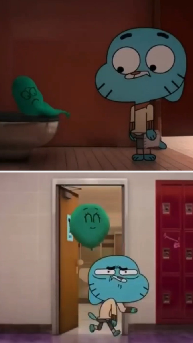 First image: Alan (a balloon) sits on the toilet seat, deflated, looking at Gumball, who is wide-eyed. Second image: Gumball looking traumatized as he walks out of the bathroom, while Alan, now inflated, floats out happily behind him