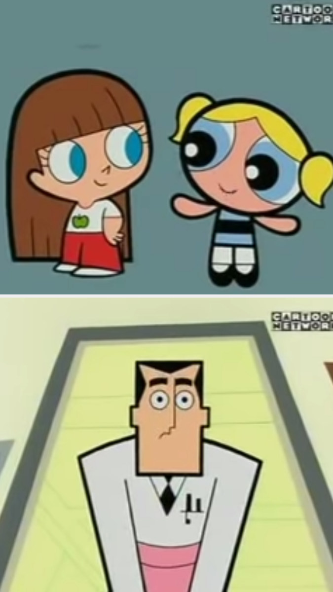 First image: Bubbles and Robin talking. Second image: Professor Utonium, bent over to speak to the girls, wide-eyed