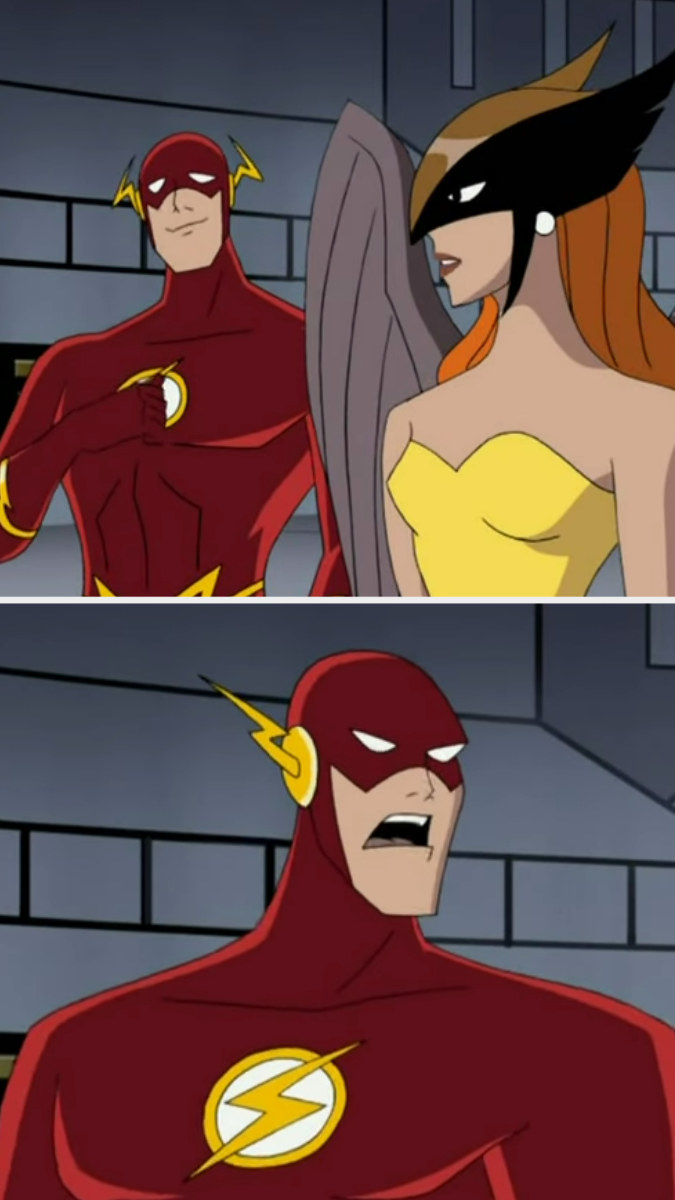 First image: Flash and Hawkgirl talking. Second image: A close-up of Flash&#x27;s offended expression