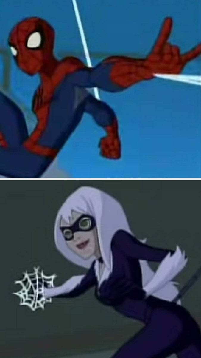 First image: Spiderman shooting a web as she swings. Second image: Black Cat smiling with one hand on her hip while the other is webbed to the wall