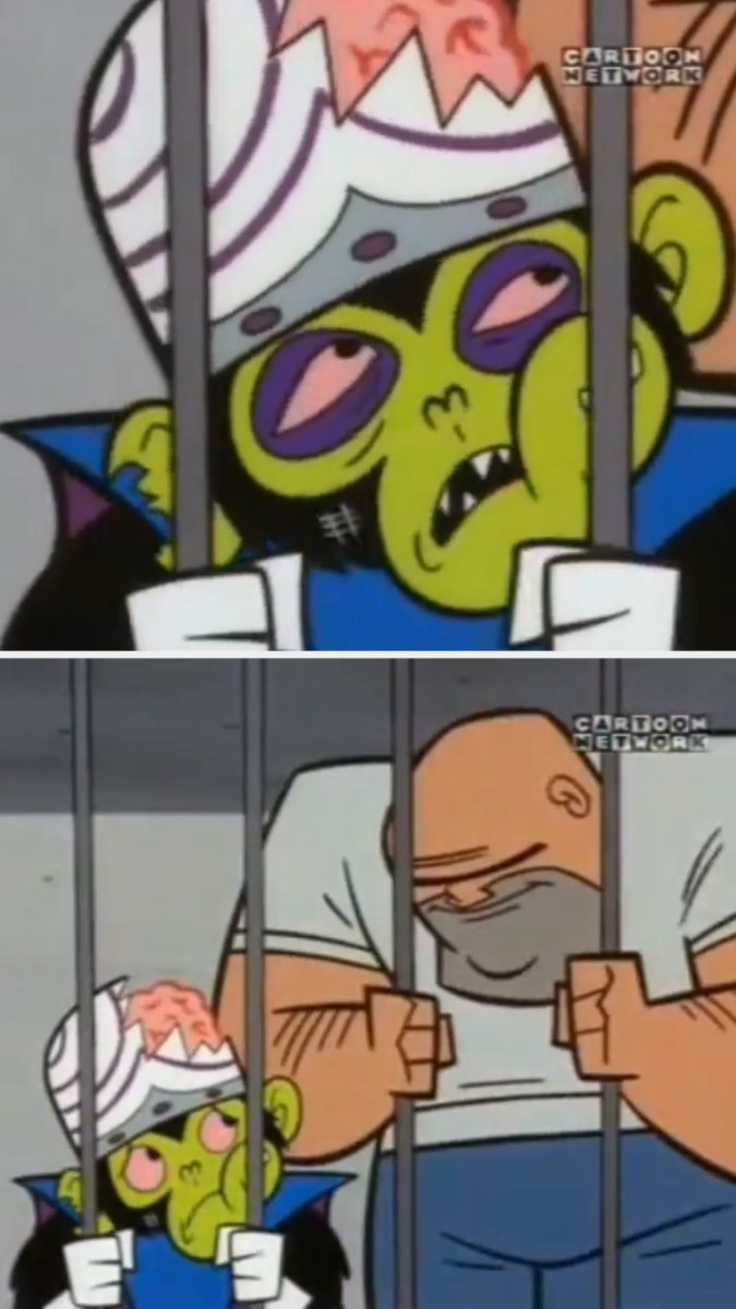 First image: Mojo Jojo, just thrown into a cell, with swollen eyes and a cracked skull. Second image: Mojo Jojo looking up in fear as a much larger prisoner looks down at him while smiling