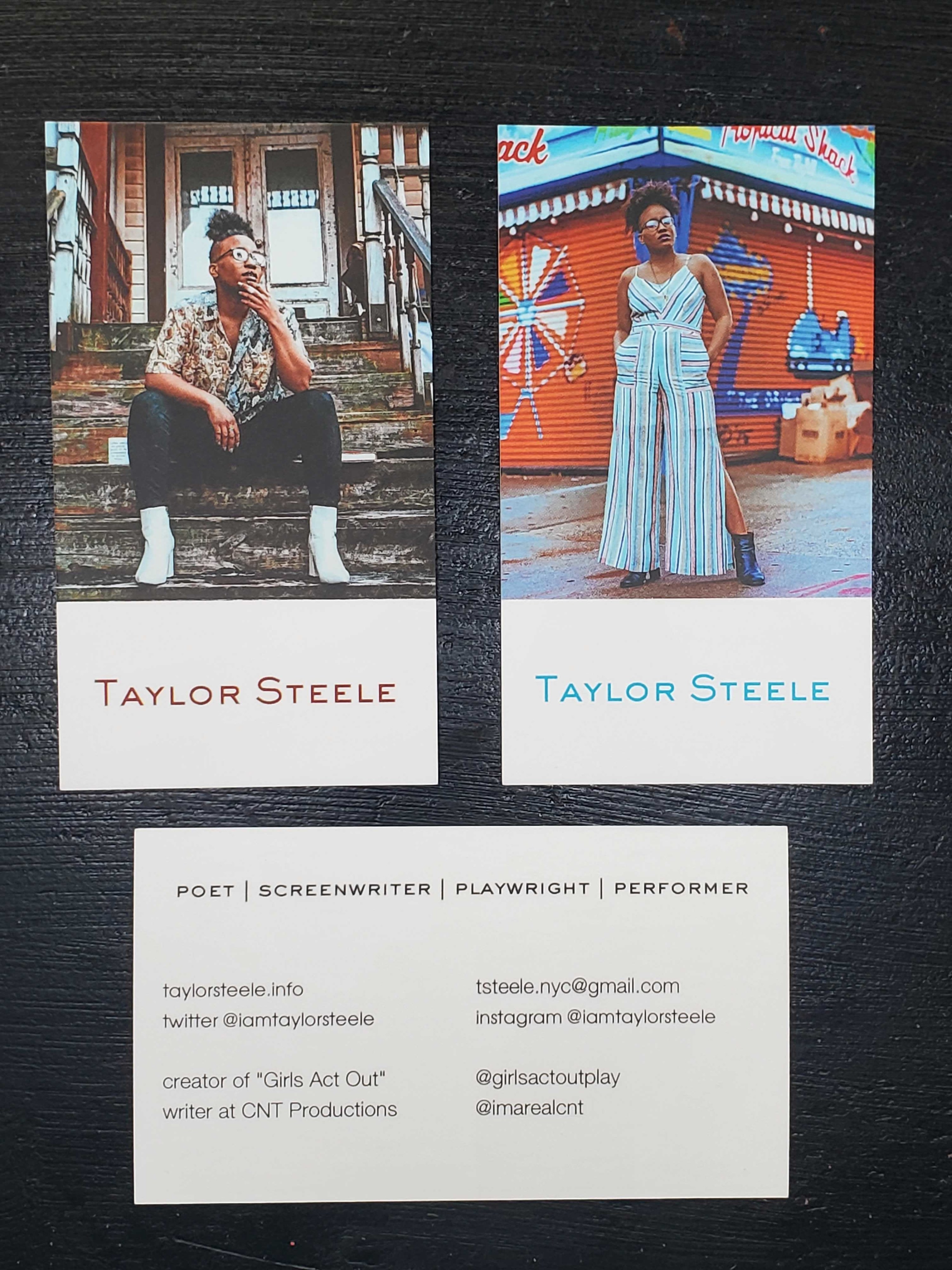 three business cards featuring buzzfeed writer taylor steele and her contact information