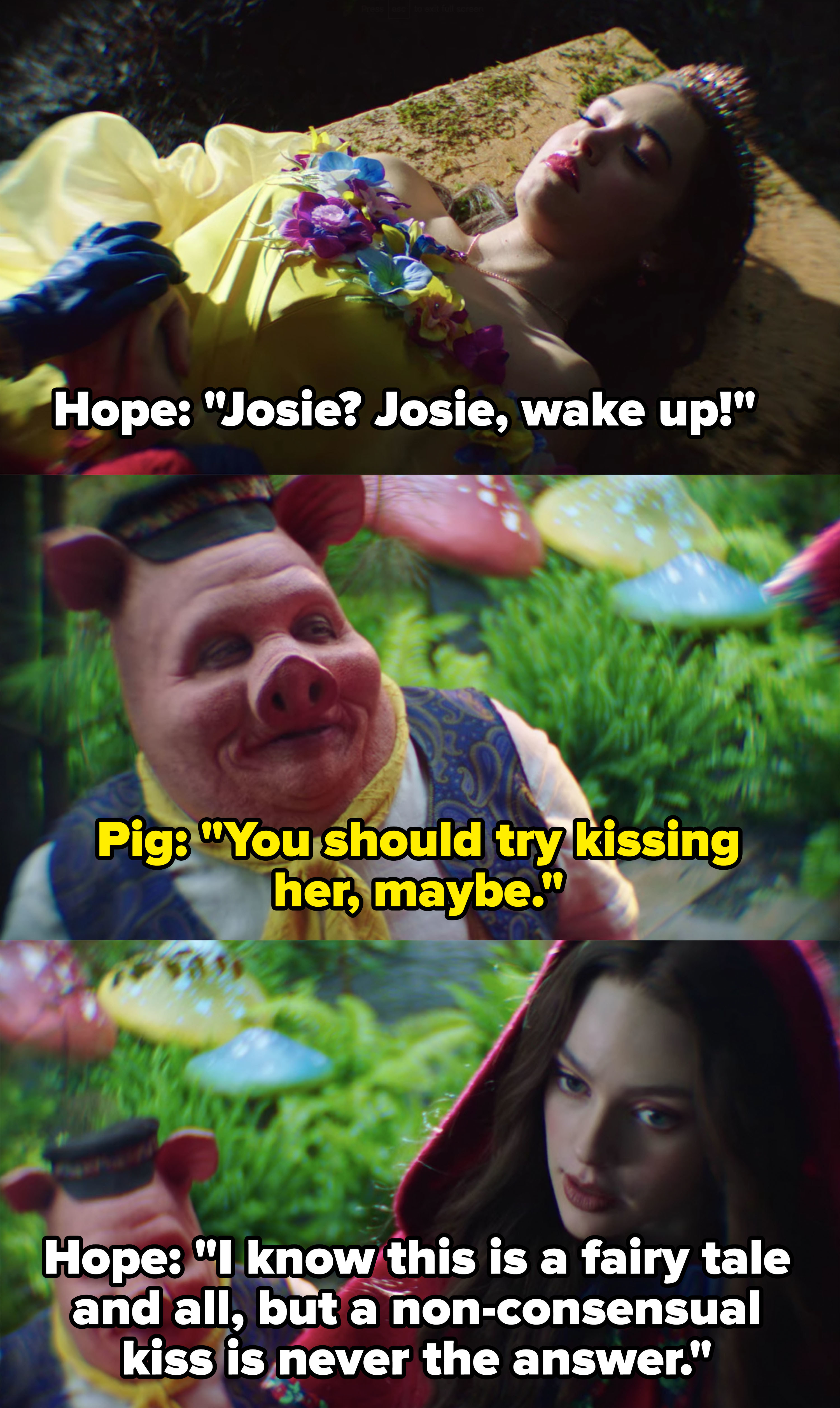 The pig suggests Hope try to kiss Josie to wake her up, Hope says &quot;a non-consensual kiss is never the answer&quot;