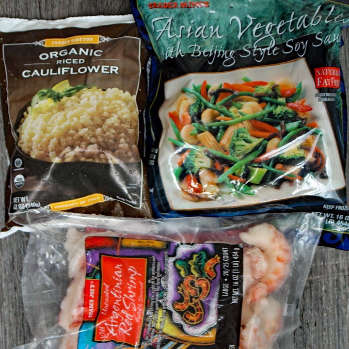 Cauliflower rice, Asian vegetable stir-fry, and frozen shrimp.
