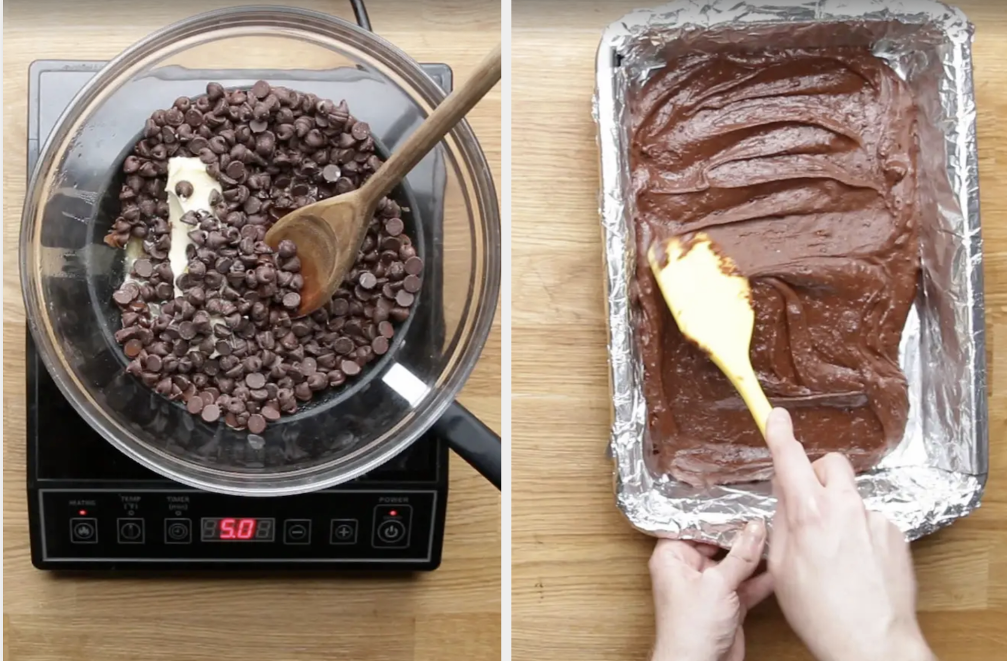 Chocolate being melted over a burner, next brownie batter being poured into a pan