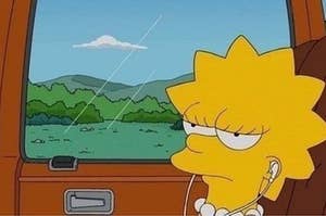 Lisa Simpson listening to music glumly in the car
