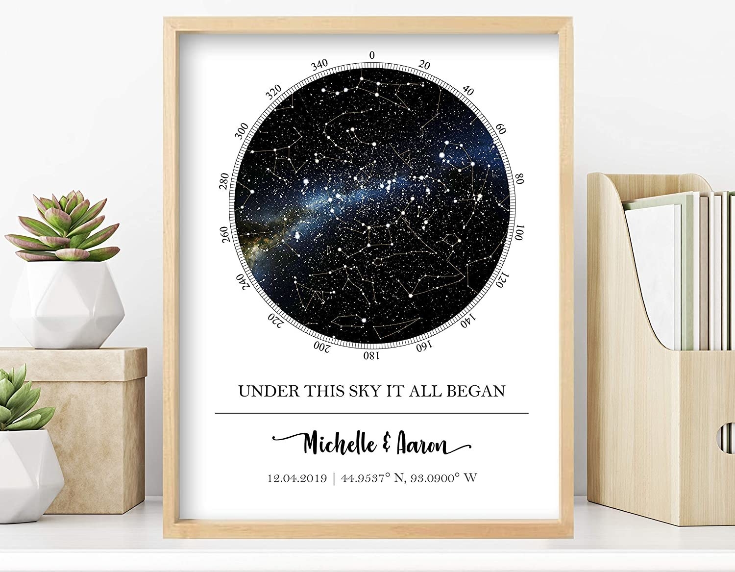 Customizable star map with the couple&#x27;s name and moment when the couple met. 