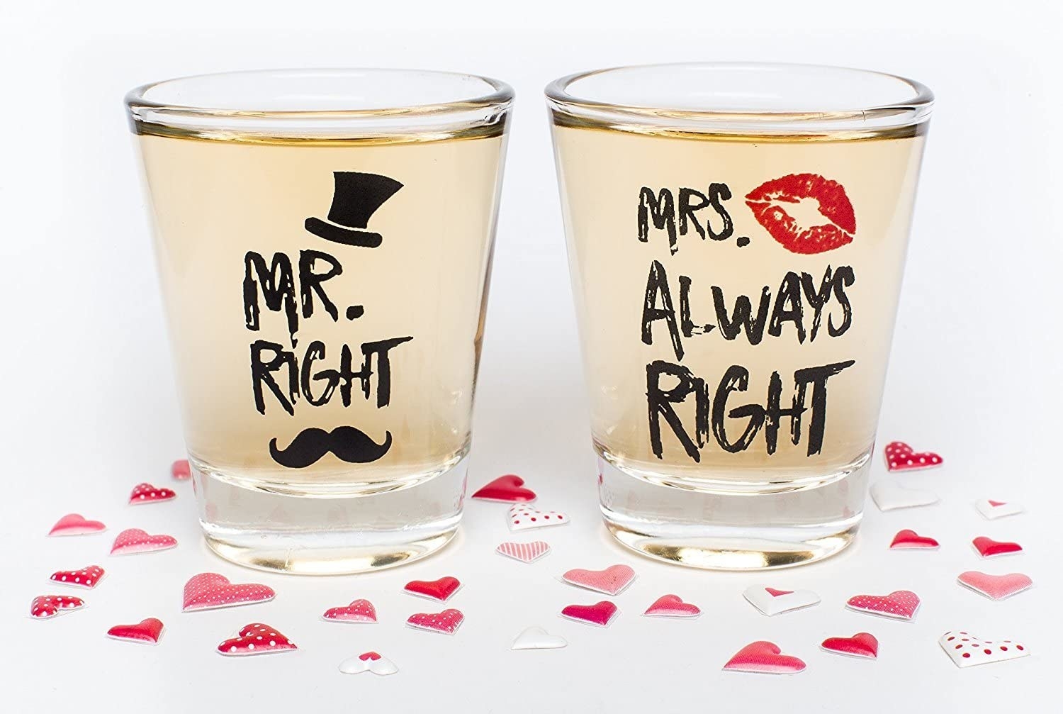 Shot glasses with &quot;Mr. Right&quot; and &quot;Mrs. Always Right&quot; printed on them