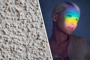 A popcorn ceiling next to Ariana Grande with a rainbow aura