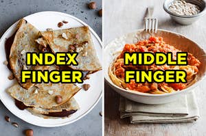 On the left, some crêpes filled with Nutella labeled "index finger," and on the right, a bowl of spaghetti bolognese labeled "middle finger"