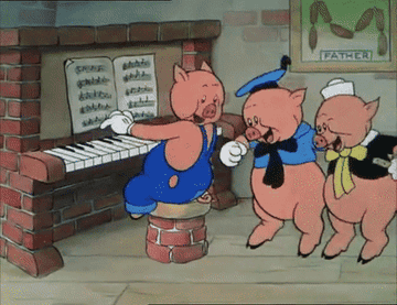 GIF of the Three Little Pigs singing around of a piano