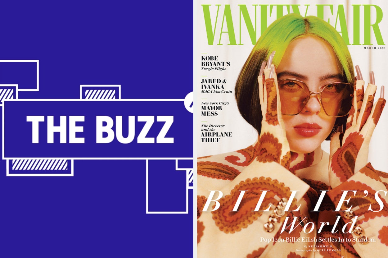 Splitscreen image with graphic on right side and Vanity Fair cover featuring Billie Eilish on the left side. (CREDIT: Quil Lemons/Vanity Fair)