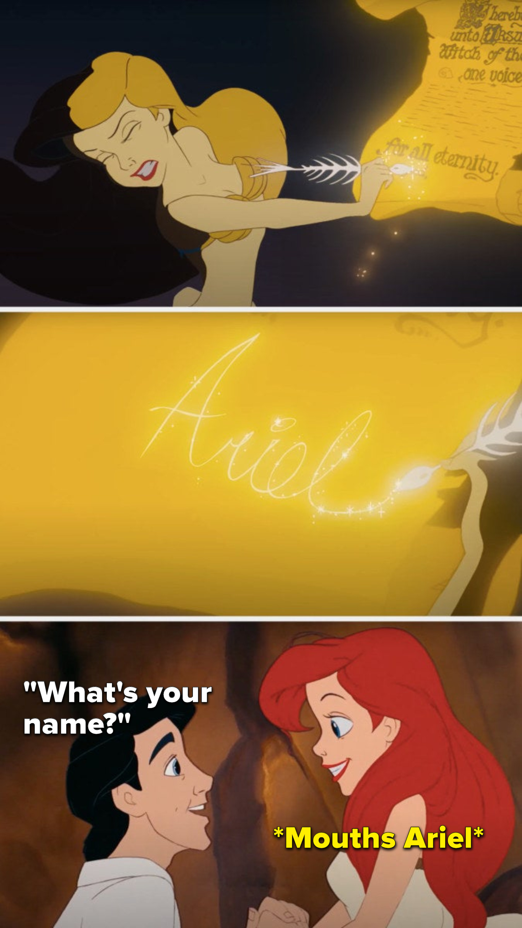 Ariel signs a contract, but when Eric asks her what her name is, she mouths Ariel