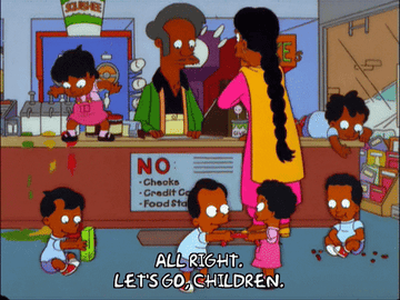 a woman leaves Apu&#x27;s shop with all her kids, who were making a mess