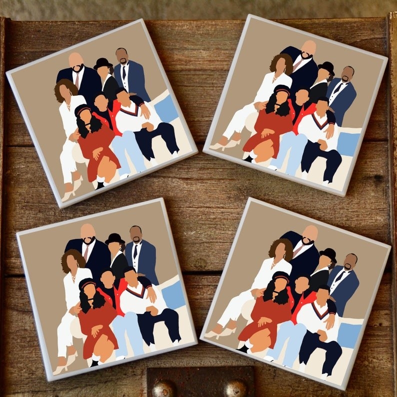 four coasters featuring an illustrated portrait of the whole banks family on a tan background 