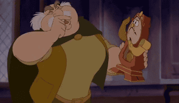 Maurice sneezing on Cogsworth in Beauty and the Beast
