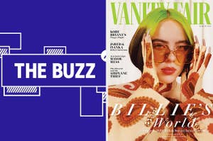 Splitscreen image with graphic on right side and Vanity Fair cover featuring Billie Eilish on the left side. (CREDIT: Quil Lemons/Vanity Fair)