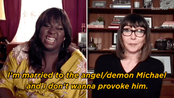 Mary Steenburgen saying, &quot;I&#x27;m married to the angel/demon Michael and I don&#x27;t wanna provoke him&quot;