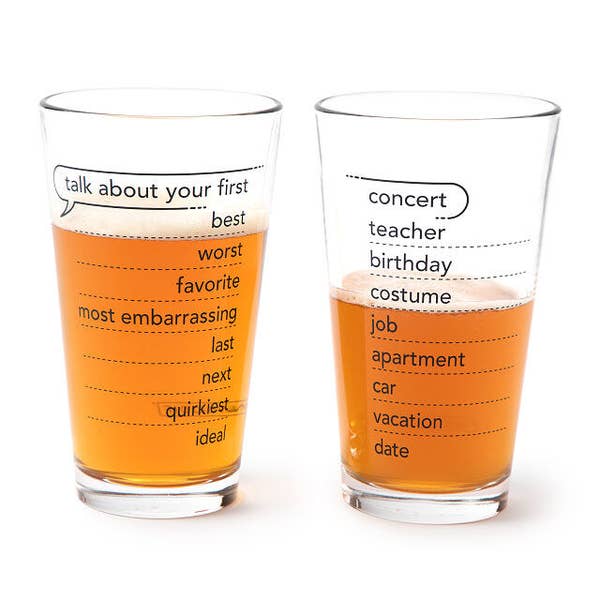 Two conversation pint glasses filled with beer