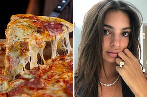 A cheesy slice of ppizza on the left and emily ratakowski showing off her engagement ring on the right