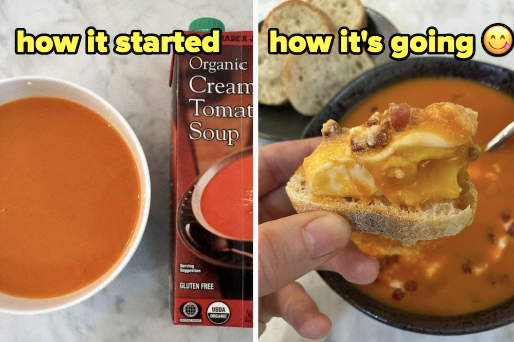 A before-and-after of plain tomato soup and upgraded tomato soup with poached egg and pancetta