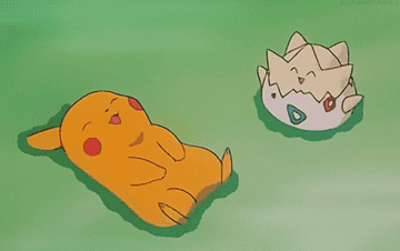 A gif of a Pikachu and Togepi floating in water