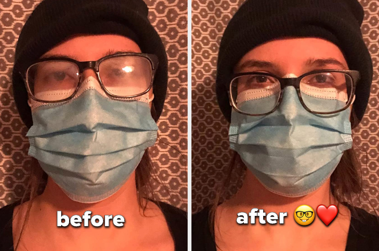 A reviewer image with their mask on and glasses fogged &quot;before&quot; and then unfogged &quot;after&quot; 