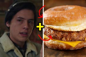 Jughead Jones from Riverdale on the left and a cheeseburger with donut buns on the right