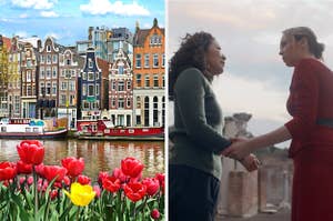 On the left, the streets of Holland surrounded by tulips, and on the right, Sandra Oh and Jodie Comer as Eve and Villanelle on "Killing Eve"