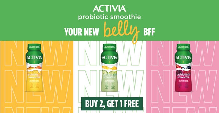 Three smoothies in plastic bottles with a message above that says Activia probiotic smoothie your new belly bff