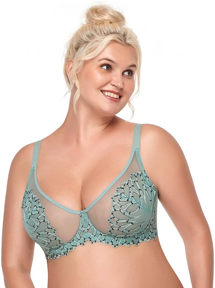 DELIMIRA Women's Plus Size Minimizer Bras Full Coverage Lace Unlined Underwire  Bra B-K Cups Olive Green 34B at  Women's Clothing store