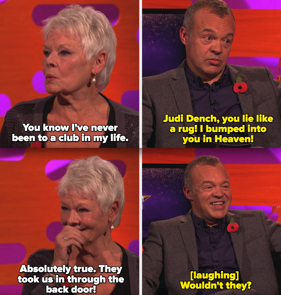 Graham telling Judi Dench he bumped into her at a club called &quot;Heaven&quot;