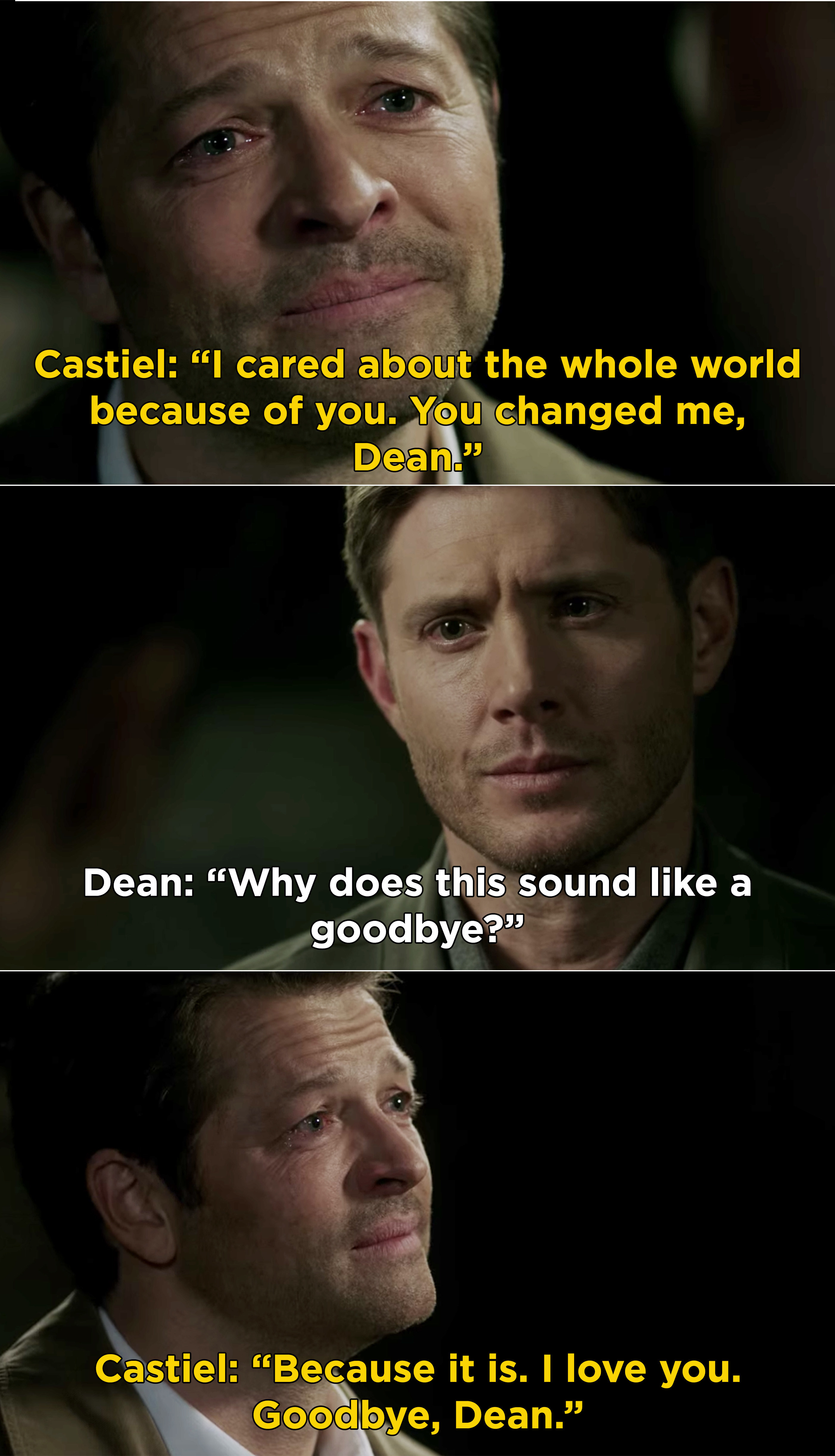 Castiel哭泣,告诉院长,他“关心整个world"因为他,他爱他