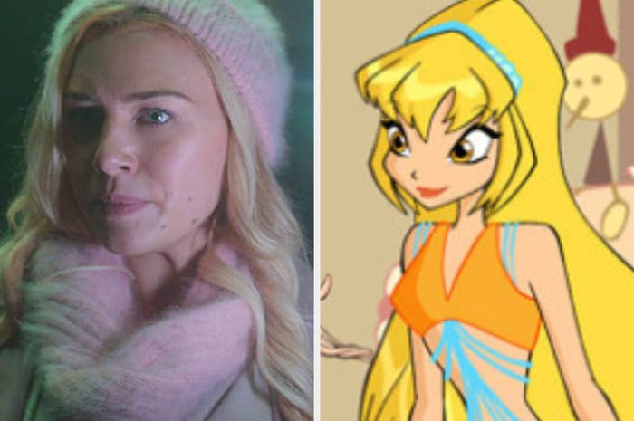 Hannah van der Westhuysen and the animated Stella are both blondes. The animated Stella is wearing a headband and a midriff-baring top while Hanna is dressed in warm Winter wear